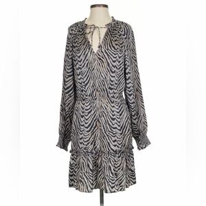 Tie-Neck Zebra Print Long Sleeve Dress in Black & Cream
